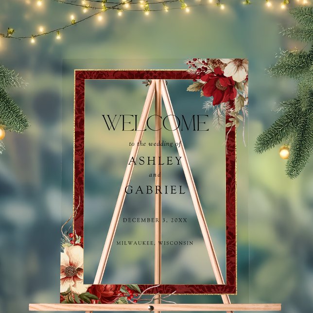 Elegant Christmas Red Damask Floral Acrylic Sign (Creator Uploaded)