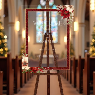 Elegant Christmas Red Damask Floral Acrylic Sign