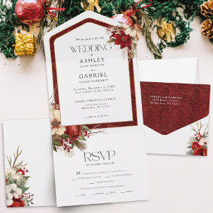 Elegant Christmas Red Damask Floral All In One Invitation