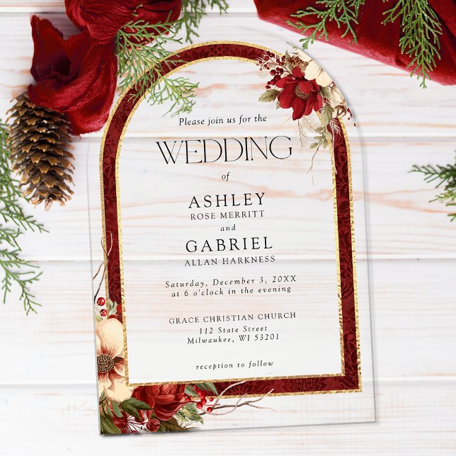 Elegant Christmas Red Damask Floral Arch Acrylic Invitations (Creator Uploaded)