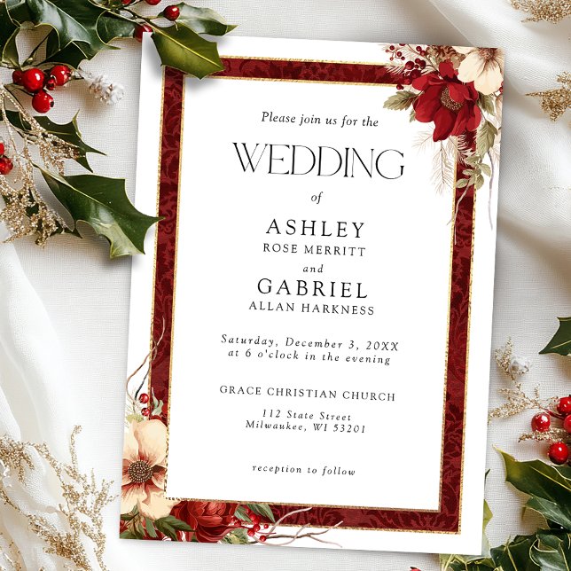 Elegant Christmas Red Damask Floral Invitation (Creator Uploaded)