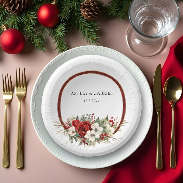 Elegant Christmas Red Damask Floral Paper Plate (Creator Uploaded)