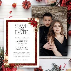 Elegant Christmas Red Damask Floral Save The Date