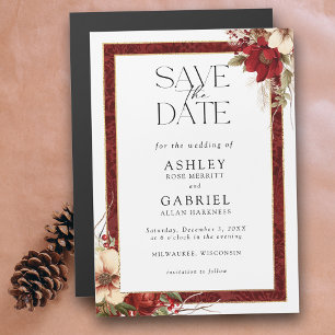 Elegant Christmas Red Damask Floral Save the Date Magnetic Invitation