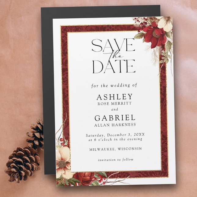 Elegant Christmas Red Damask Floral Save the Date Magnetic Invitation (Creator Uploaded)