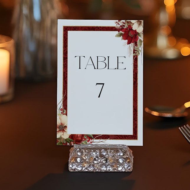 Elegant Christmas Red Damask Floral Table Number (Creator Uploaded)