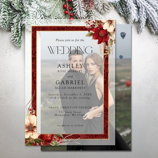 Elegant Christmas Red Damask Floral Vellum Invitations (Creator Uploaded)