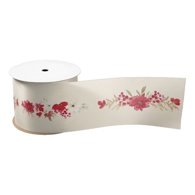 elegant christmas red floral botanical holiday satin ribbon (Spool)
