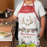 Elegant Christmas red floral family name monogram  Apron<br><div class="desc">Rustic elegant deer antlers and watercolor seasonal floral monogrammed family personalised Merry Christmas festive traditional grandma's apron with fully editable text.              Easy to customise with your family name,  initial,  text,  and year.</div>