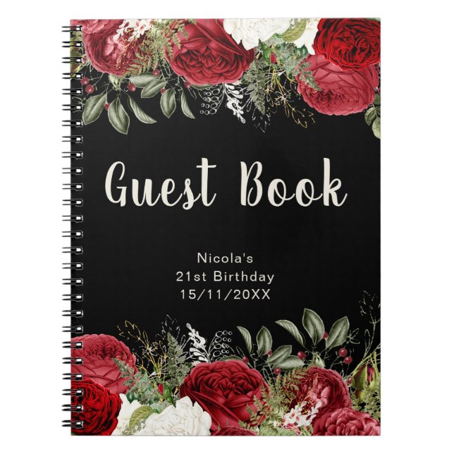 Elegant Christmas Red Flowers Birthday Guest Book (Front)