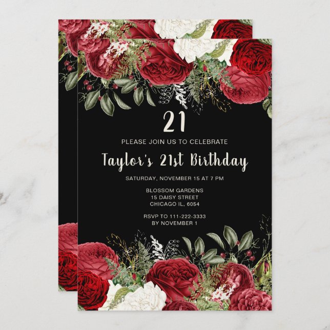 Elegant Christmas Red Flowers Birthday Party Invitation (Front/Back)