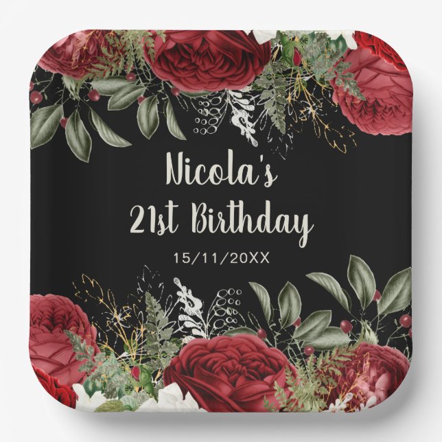 Elegant Christmas Red Flowers Birthday Party Paper Plate (Front)