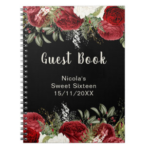 Elegant Christmas Red Flowers Sweet Sixteen Guest Notebook