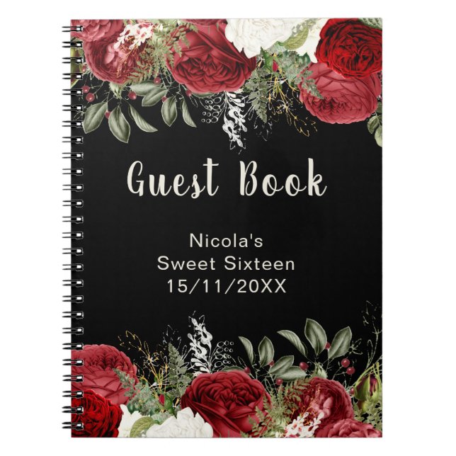 Elegant Christmas Red Flowers Sweet Sixteen Guest  Notebook (Front)