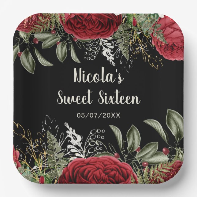 Elegant Christmas Red Flowers Sweet Sixteen Paper Plate (Front)