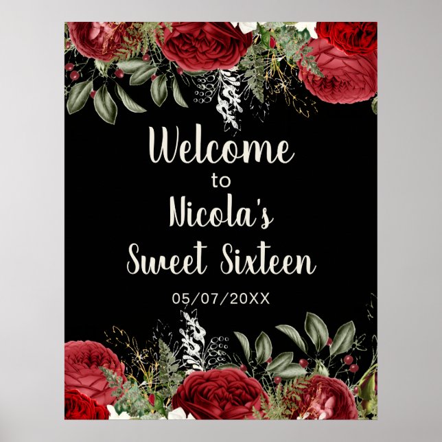 Elegant Christmas Red Flowers Sweet Sixteen Poster (Front)