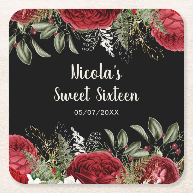 Elegant Christmas Red Flowers Sweet Sixteen Square Paper Coaster (Front)