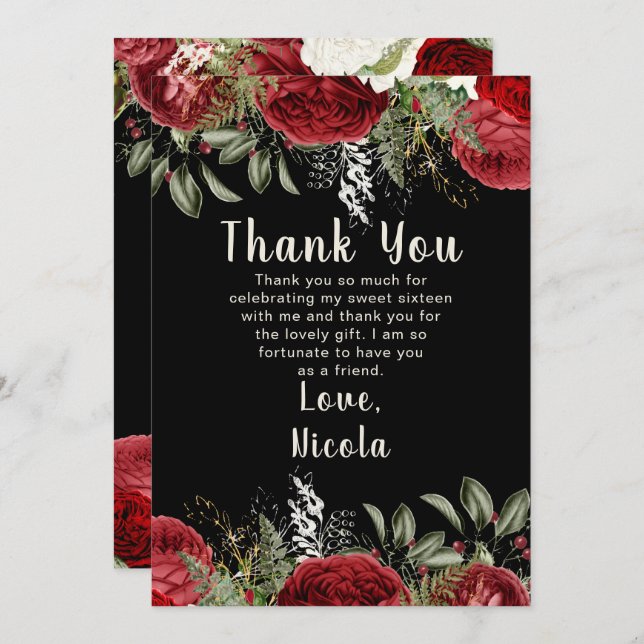 Elegant Christmas Red Flowers Sweet Sixteen Thank You Card (Front/Back)