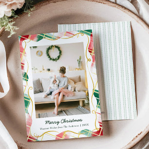 Elegant Christmas Red Green Plaid Pattern 1 Photo Holiday Card