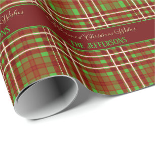 Elegant Christmas Red Green tartan plaid gold Text Wrapping Paper
