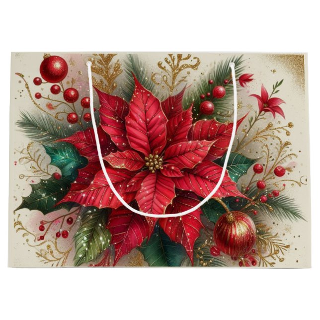 Elegant Christmas Red Poinsettia Flower Gift Bag (Front)