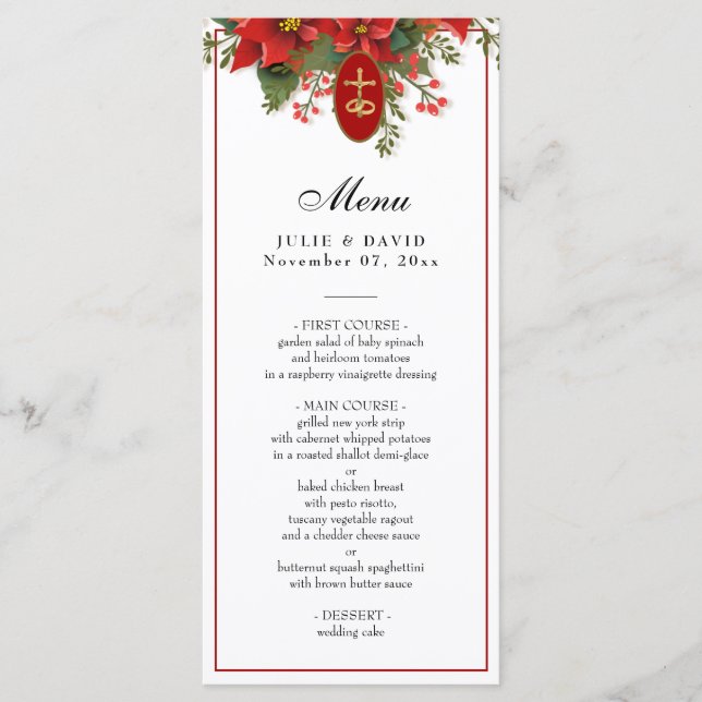 Elegant Christmas Red Pointsettia Wedding  Menu (Front)
