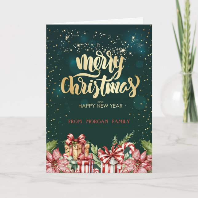 Elegant Christmas Red Presents Poinsettia Holiday Card (Front)