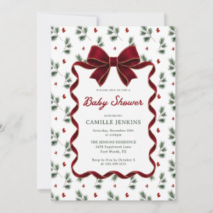 Elegant Christmas Red Ribbon Baby Shower Invitation