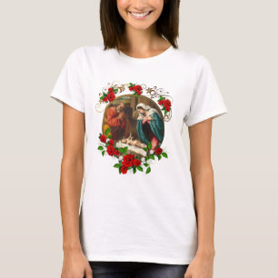 Elegant Christmas Red Roses Nativity Holy Family T-Shirt