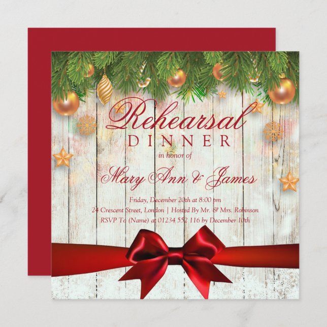 Elegant Christmas Rehearsal Dinner Gold Decor Invitation (Front/Back)
