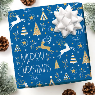Elegant Christmas Reindeer Editable Name Blue Gold Wrapping Paper
