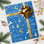 Elegant Christmas Reindeer Editable Name Blue Gold Wrapping Paper<br><div class="desc">Make your Christmas gifts extra special with this elegant Art Deco style wrapping paper, personalised with the recipient's name, family name or year. This seamless pattern features leaping reindeer, festive trees and stars in a colour palette of blue, white and a gold coloured texture. Custom gift wrap is a great...</div>