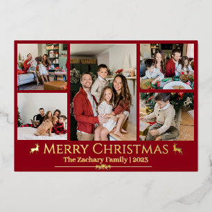 Elegant Christmas Reindeer Family Photo Collage  Foil Holiday Card