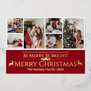 Elegant Christmas Reindeer Family Photo Collage Foil Holiday Card