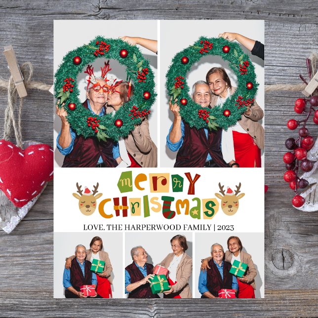  Elegant Christmas Reindeer Family Photo Collage Holiday Postcard (Creator Uploaded)