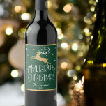 Elegant Christmas Reindeer Festive Forest Green Wine Label<br><div class="desc">Create your own Art Deco style wine label for Christmas. An elegant template featuring a leaping reindeer, stars and decorative leaves. This editable template can be personalised with both your name and celebration year. Perfect for holiday gifts, party favours and more! Colours: deep forest green, white and a gold coloured...</div>