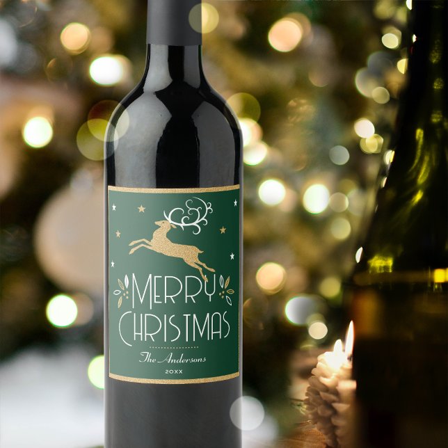 Elegant Christmas Reindeer Festive Forest Green Wine Label (Creator Uploaded)