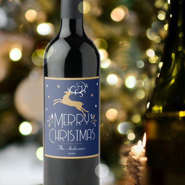 Elegant Christmas Reindeer Festive Midnight Blue Wine Label (Creator Uploaded)