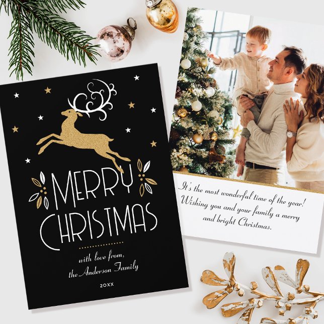 Elegant Christmas Reindeer Photo Black Gold Flat Card (Creator Uploaded)