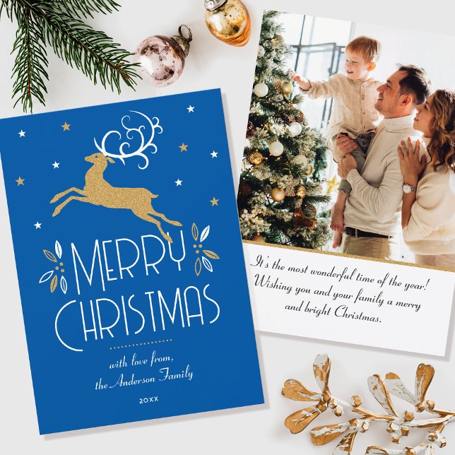 Elegant Christmas Reindeer Photo Blue Gold Flat Card (Creator Uploaded)