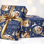 Elegant Christmas Reindeer Photo Blue Gold Wrapping Paper<br><div class="desc">Make your Christmas gifts extra special with this elegant Art Deco style wrapping paper. You can personalise it with a name and three photos of your family, friends or pets! This seamless pattern features leaping reindeer, festive trees and stars in a colour palette of blue, white and faux gold. Custom...</div>