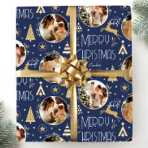 Elegant Christmas Reindeer Photo Blue Gold