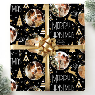 Elegant Christmas Reindeer Photo Collage Black Wrapping Paper