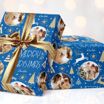 Elegant Christmas Reindeer Photo Collage Blue Gold Wrapping Paper<br><div class="desc">Make your Christmas gifts extra special with this elegant Art Deco style wrapping paper. You can personalise it with a name and three photos of your family, friends or pets. This seamless pattern features leaping reindeer, festive trees and stars in a colour palette of blue, white and a gold coloured...</div>