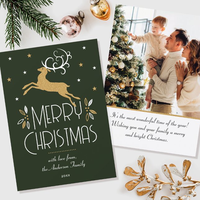 Elegant Christmas Reindeer Photo Deep Green Flat Card (Creator Uploaded)