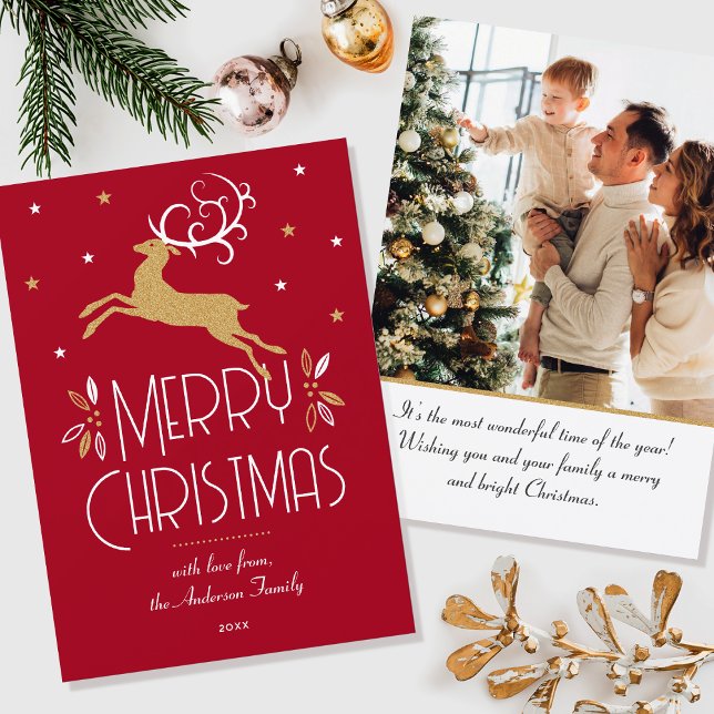 Elegant Christmas Reindeer Photo Deep Red Flat Card (Creator Uploaded)