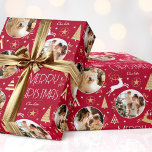 Elegant Christmas Reindeer Photo Deep Red Gold Wrapping Paper<br><div class="desc">Make your Christmas gifts extra special with this elegant Art Deco style wrapping paper. You can personalise it with a name and three photos of your family, friends or pets! This seamless pattern features leaping reindeer, festive trees and stars in a colour palette of deep red, white and faux gold....</div>