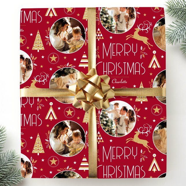 Elegant Christmas Reindeer Photo Deep Red Gold Wrapping Paper (Creator Uploaded)