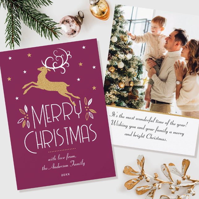 Elegant Christmas Reindeer Photo Plum Gold Flat Card (Creator Uploaded)