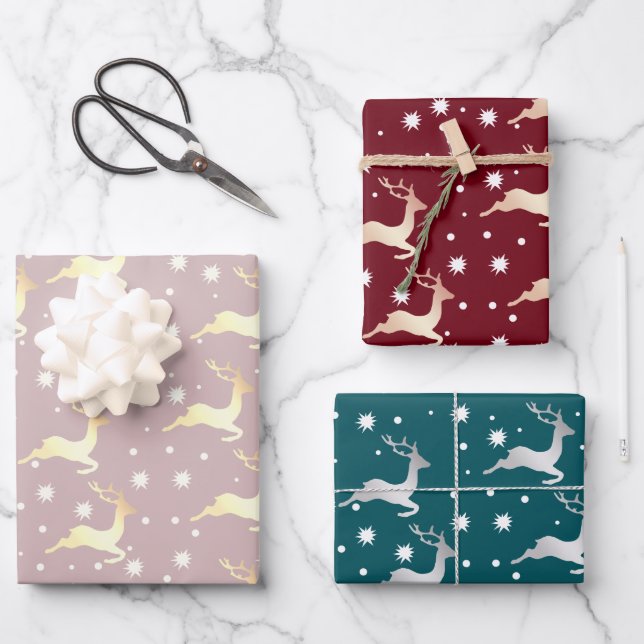 Elegant Christmas Reindeer Snowflake Pattern Wrapping Paper Sheet (Front)